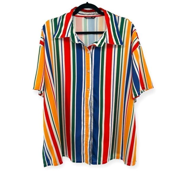 SHEIN Curve Women’s Rainbow Striped Collared Short Sleeve Button Front Top 4XL - Picture 11 of 11